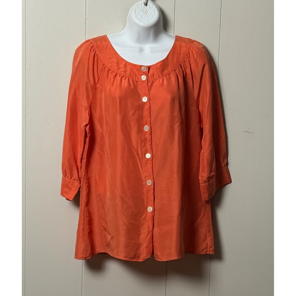 J. Jill Women's Orange 100% Silk Button Front 3/4 Sleeve Blouse Top Size M